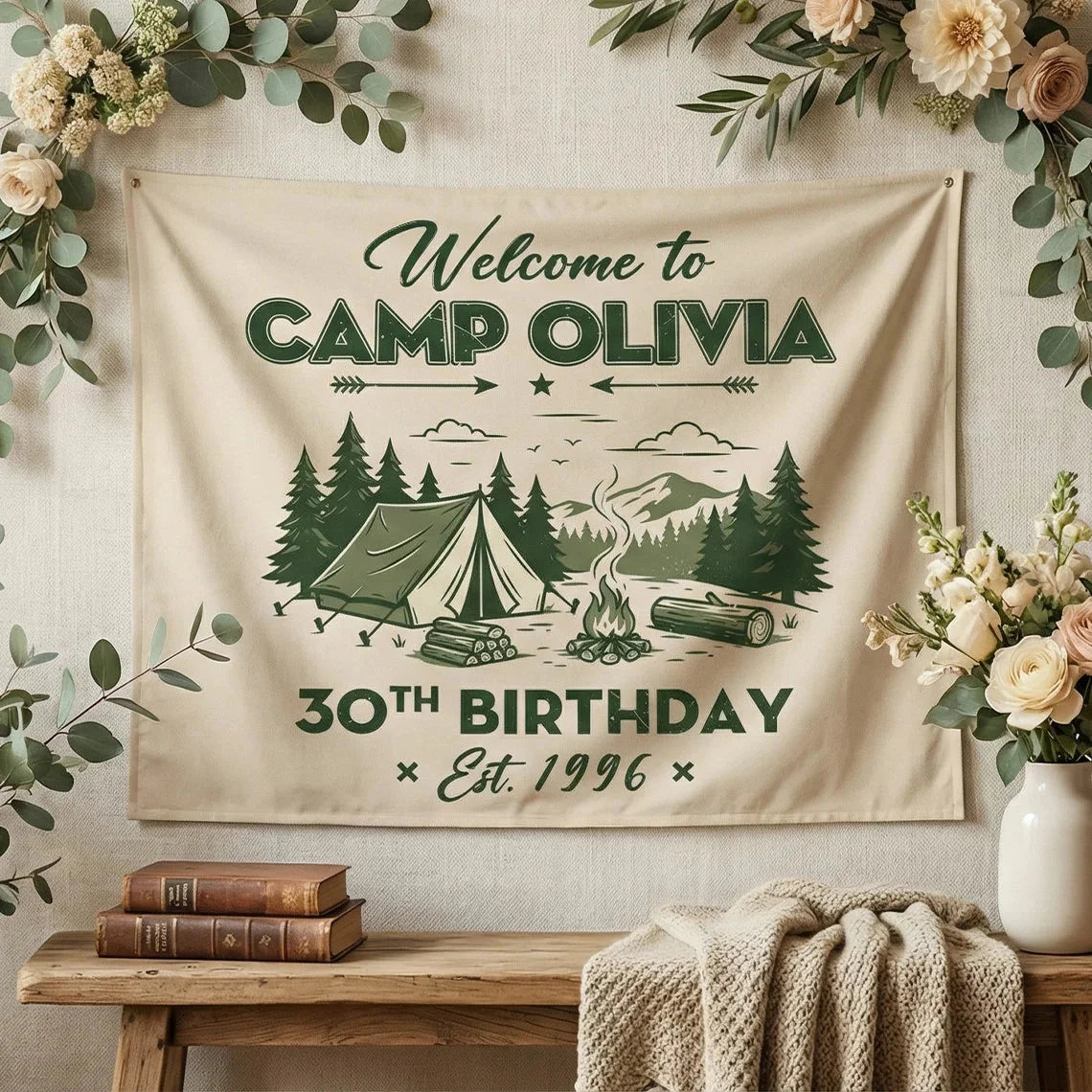 Camp Birthday Banner Personalized Camping Birthday Party Backdrop Custom Name Outdoor Birthday Banner, personalized birthd...