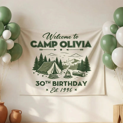 Camp Birthday Banner Personalized Camping Birthday Party Backdrop Custom Name Outdoor Birthday Banner, personalized birthd...