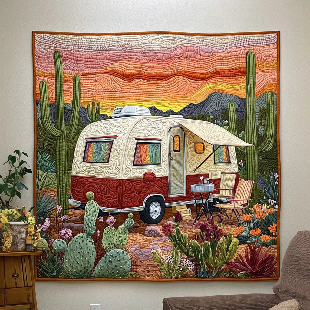 Camping In Desert Quilt Blanket