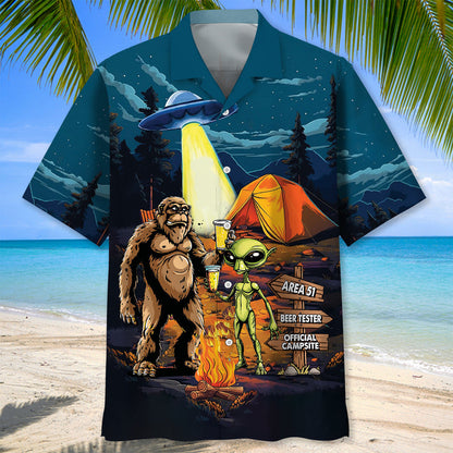 Camping Alien Bigfoot Area 51 Hawaiian Shirt - M - hawaiian shirt
