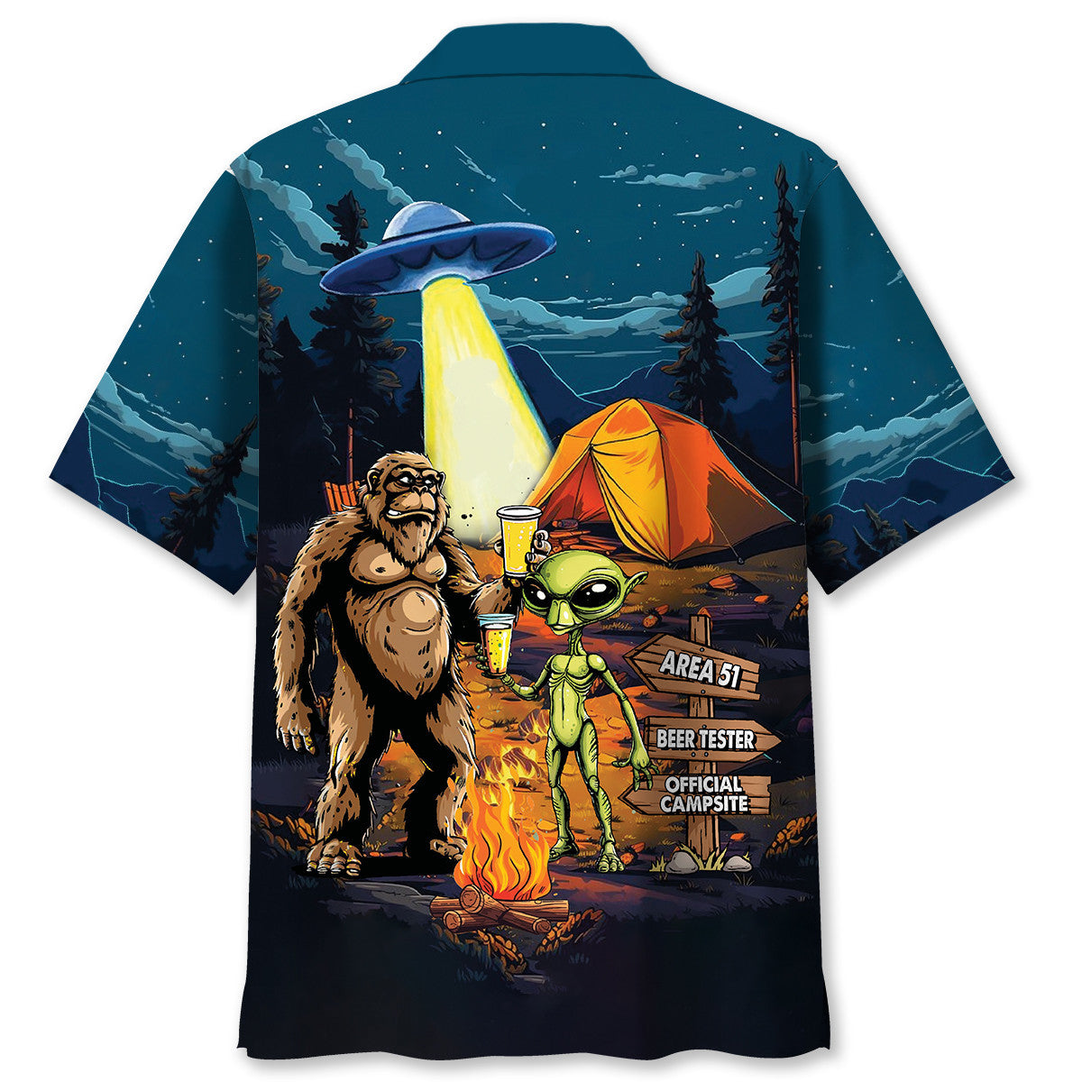 Camping Alien Bigfoot Area 51 Hawaiian Shirt - L - hawaiian shirt