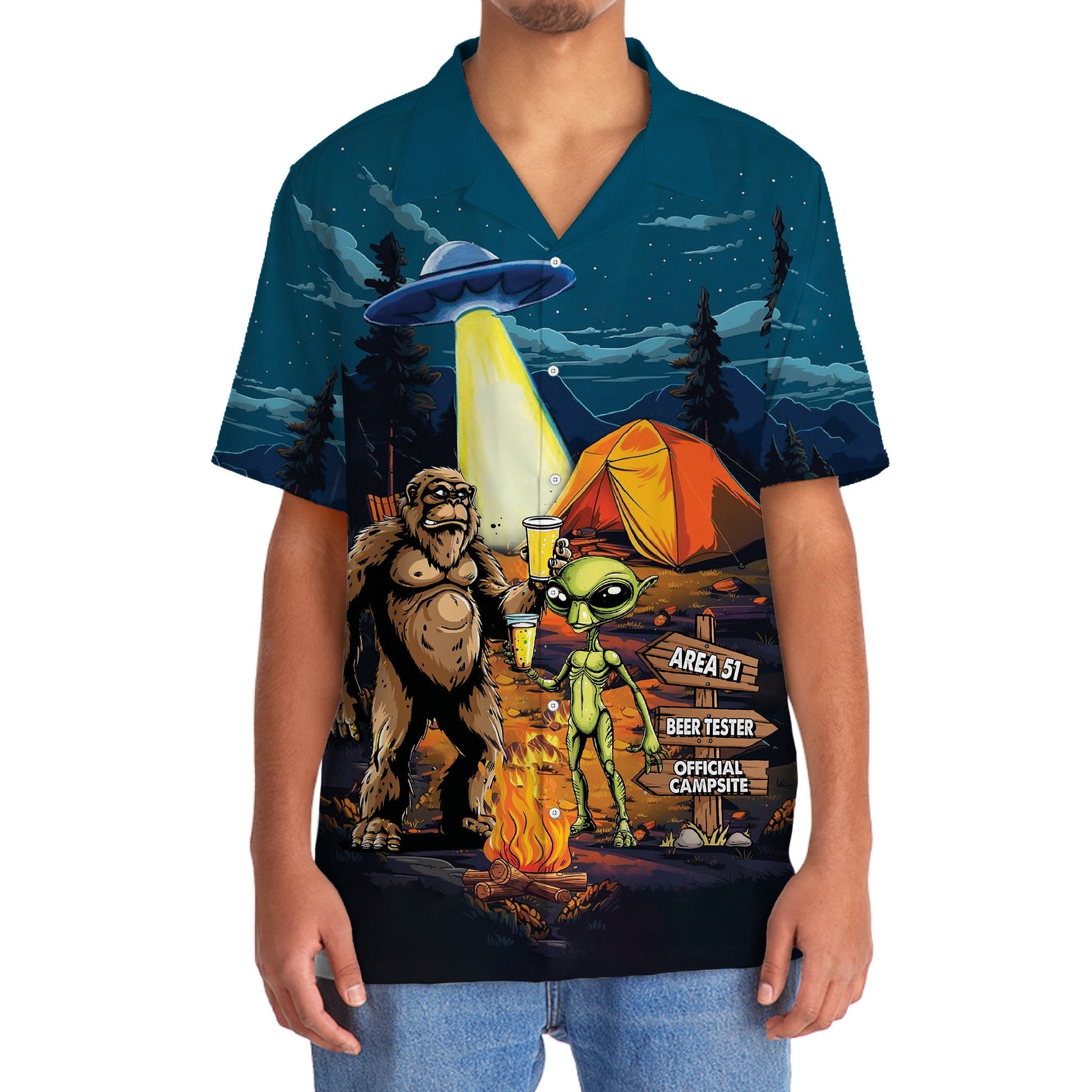 Camping Alien Bigfoot Area 51 Hawaiian Shirt - 2XL - hawaiian shirt