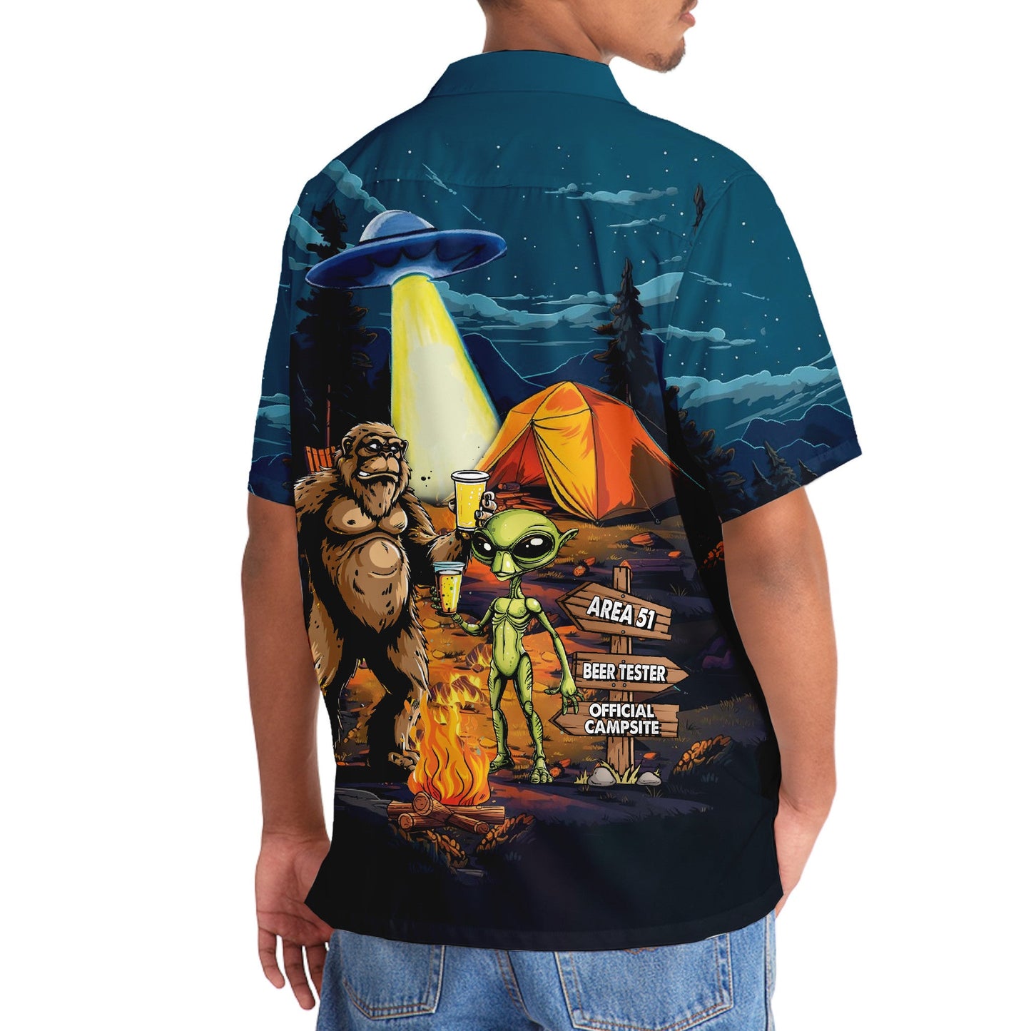 Camping Alien Bigfoot Area 51 Hawaiian Shirt - 3XL - hawaiian shirt