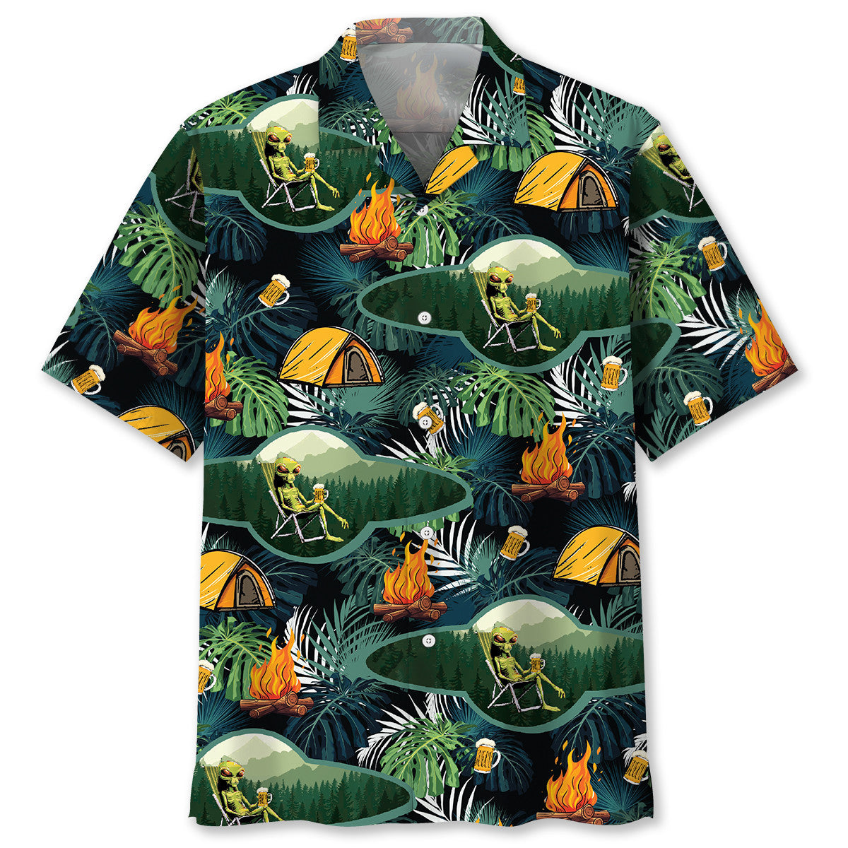 Camping Alien Chillin Beer Hawaiian Shirt - S - hawaiian shirt