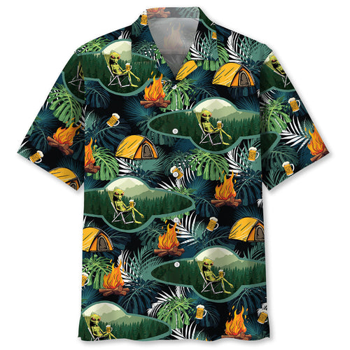 Camping Alien Chillin Beer Hawaiian Shirt - S - hawaiian shirt