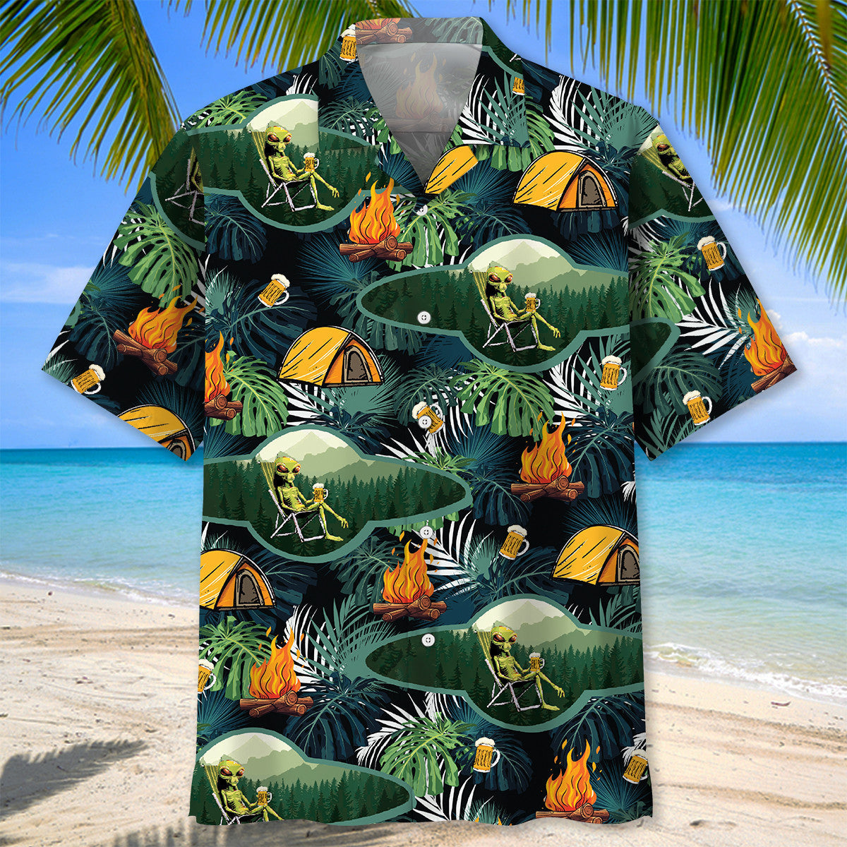 Camping Alien Chillin Beer Hawaiian Shirt - M - hawaiian shirt