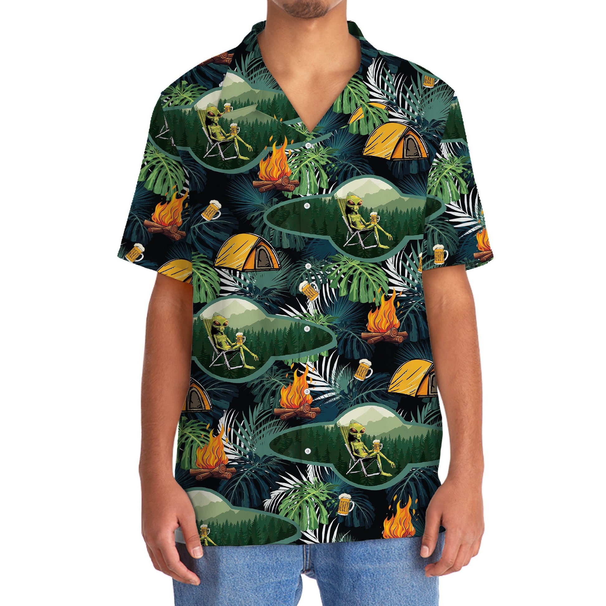 Camping Alien Chillin Beer Hawaiian Shirt - 2XL - hawaiian shirt