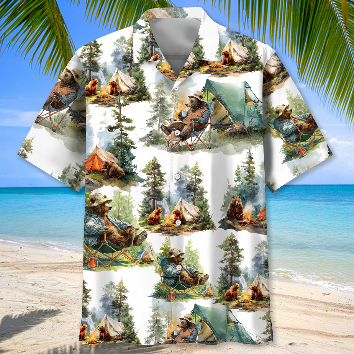 Camping Bear Chill Forest Hawaiian Shir - L - hawaiian shirt