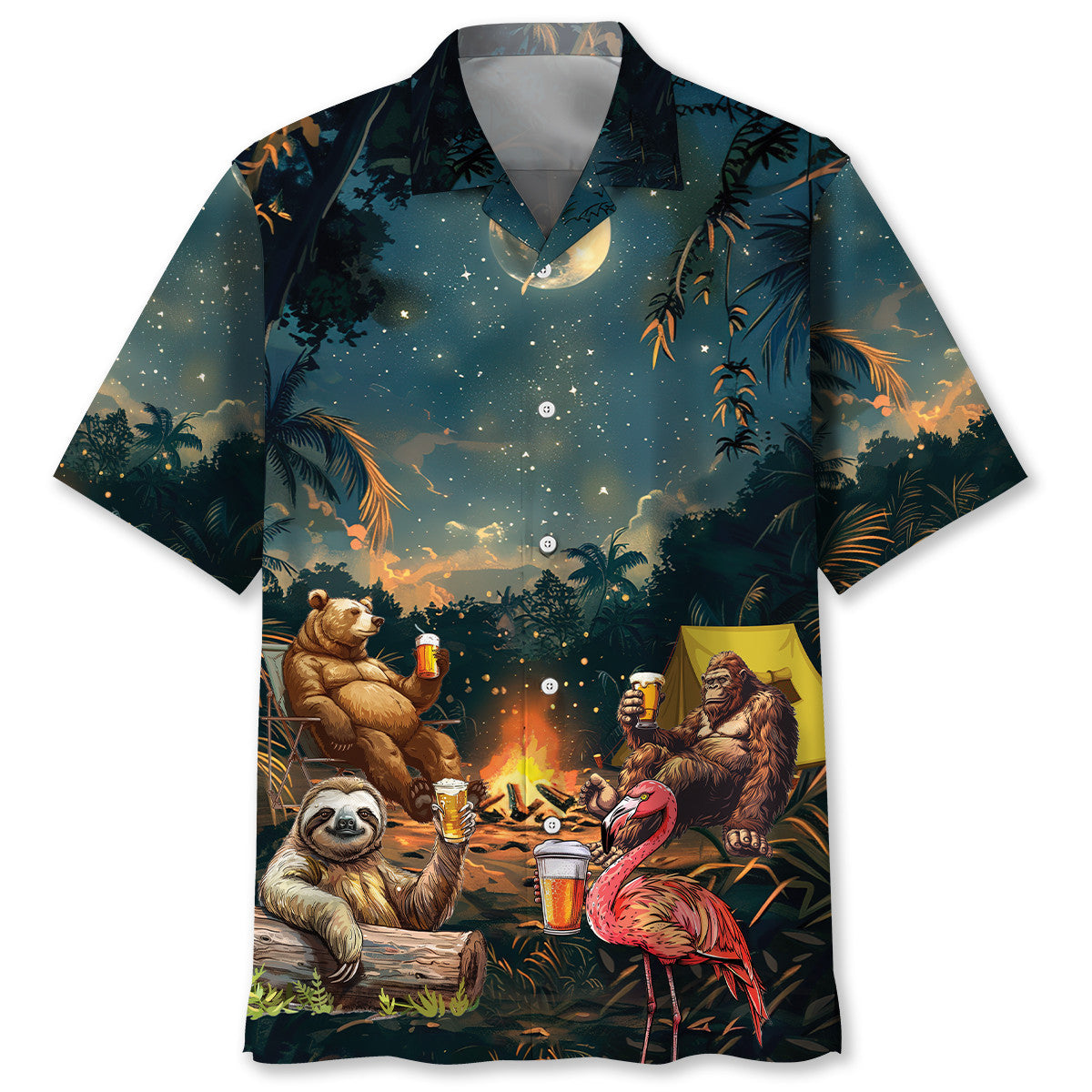 Camping Bigfoot Bear Sloth Flamingo Hawaiian Shirt - S - hawaiian shirt