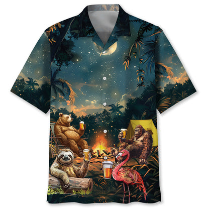 Camping Bigfoot Bear Sloth Flamingo Hawaiian Shirt - S - hawaiian shirt