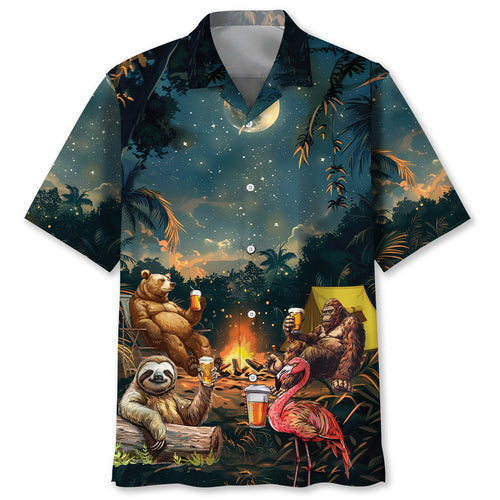 Camping Bigfoot Bear Sloth Flamingo Hawaiian Shirt - S - hawaiian shirt