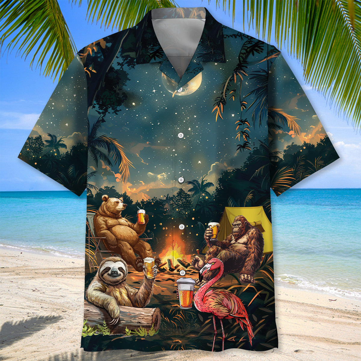 Camping Bigfoot Bear Sloth Flamingo Hawaiian Shirt - M - hawaiian shirt