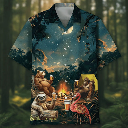 Camping Bigfoot Bear Sloth Flamingo Hawaiian Shirt