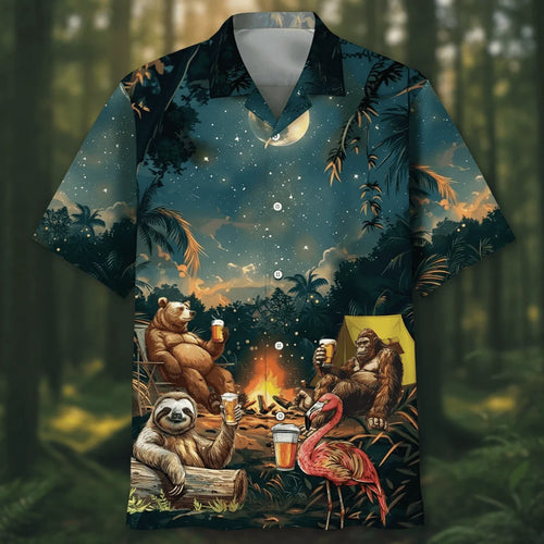 Camping Bigfoot Bear Sloth Flamingo Hawaiian Shirt