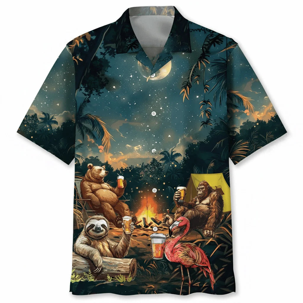 Camping Bigfoot Bear Sloth Flamingo Hawaiian Shirt