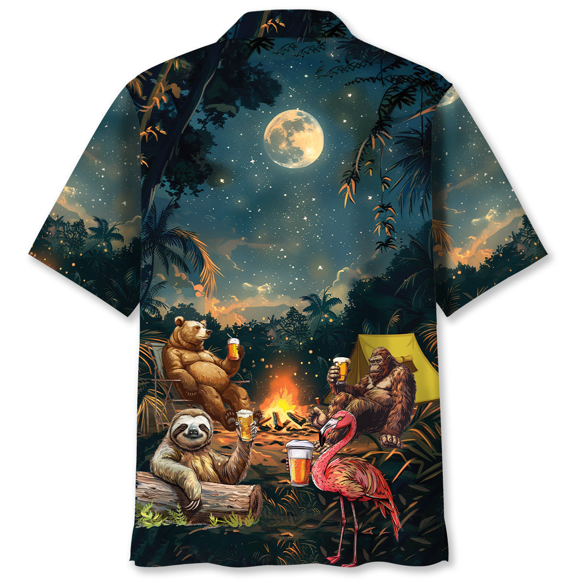 Camping Bigfoot Bear Sloth Flamingo Hawaiian Shirt - L - hawaiian shirt