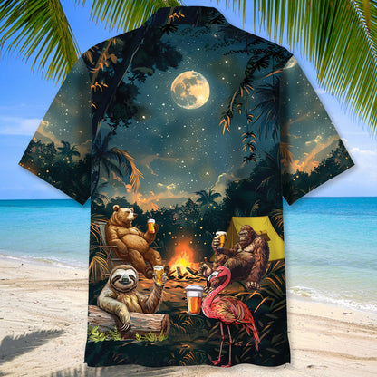 Camping Bigfoot Bear Sloth Flamingo Hawaiian Shirt - XL - hawaiian shirt