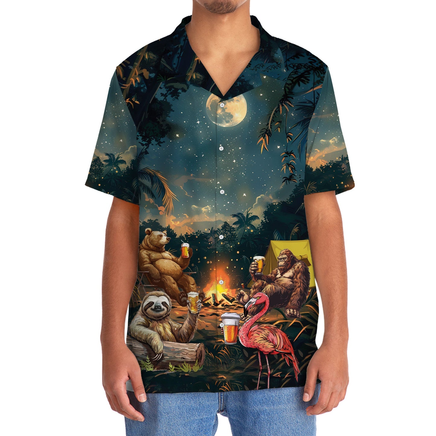 Camping Bigfoot Bear Sloth Flamingo Hawaiian Shirt - 2XL - hawaiian shirt