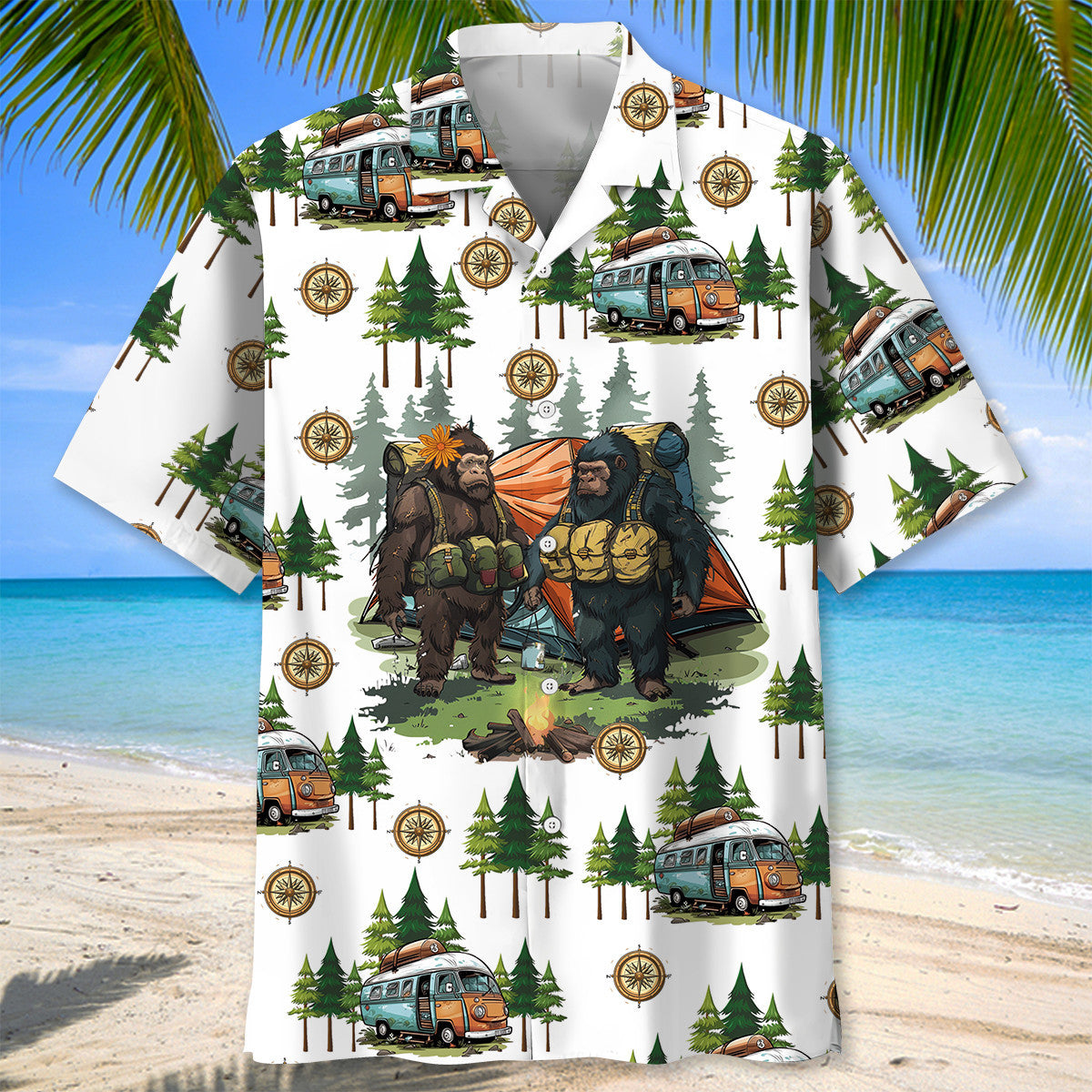 Camping Bigfoot Husband and Wife Hawaiian Shirt - L - hawaiian shirt