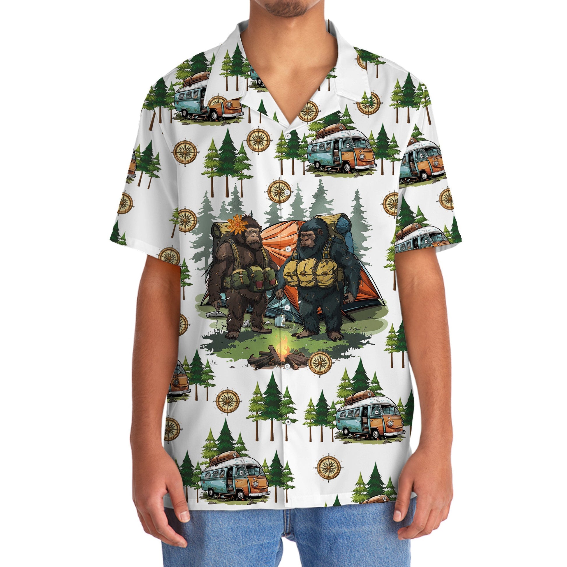 Camping Bigfoot Husband and Wife Hawaiian Shirt - 2XL - hawaiian shirt