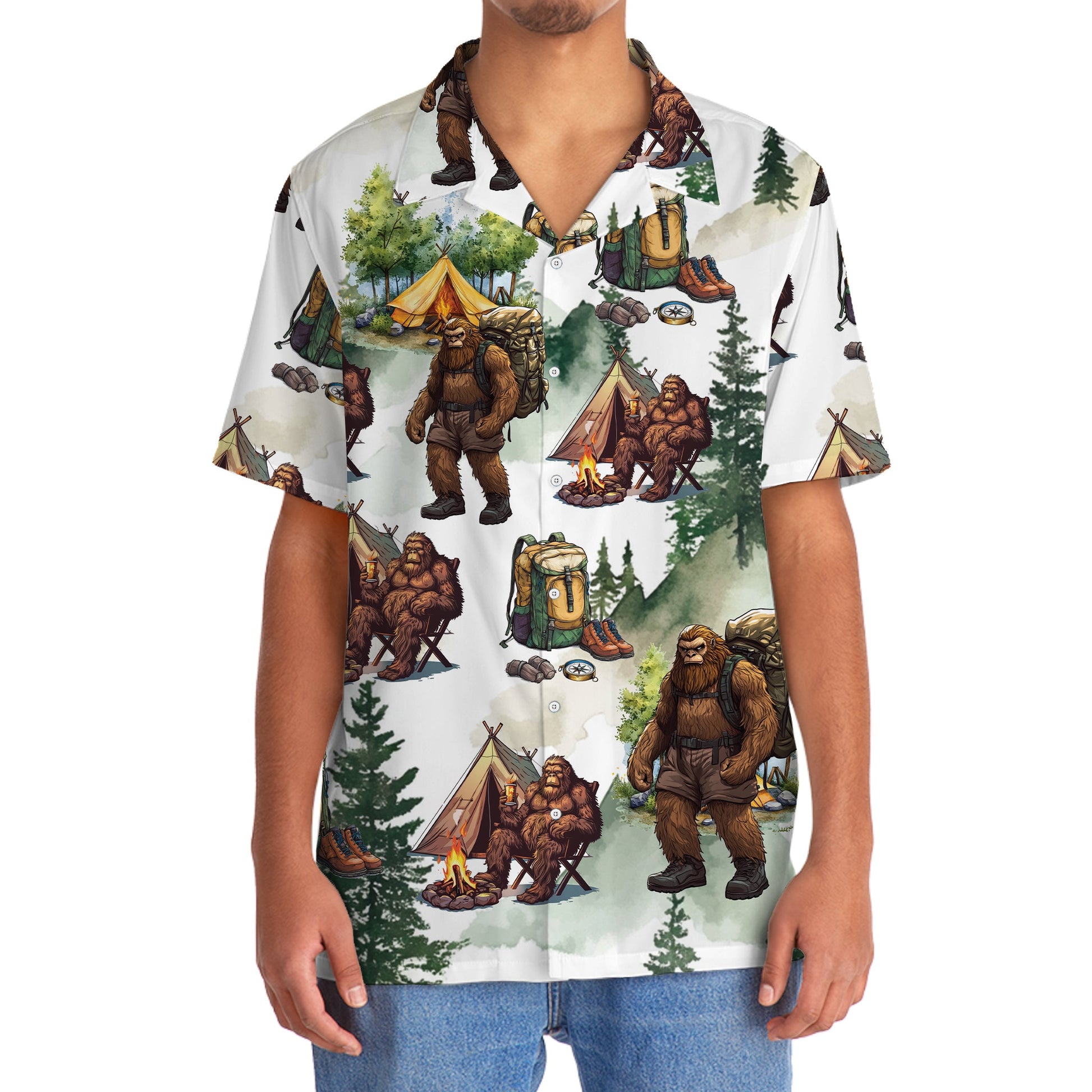 Camping Bigfoot Mountain Tree Hawaiian Shirt - 2XL - hawaiian shirt