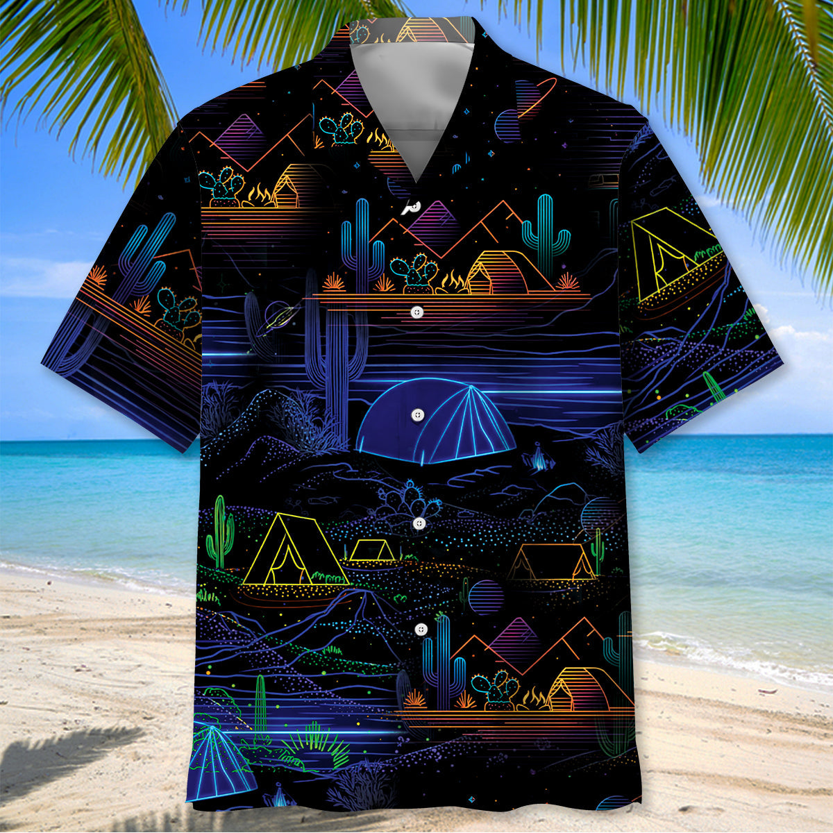 Camping Desert Neon Night Hawaiian Shirt - L - hawaiian shirt