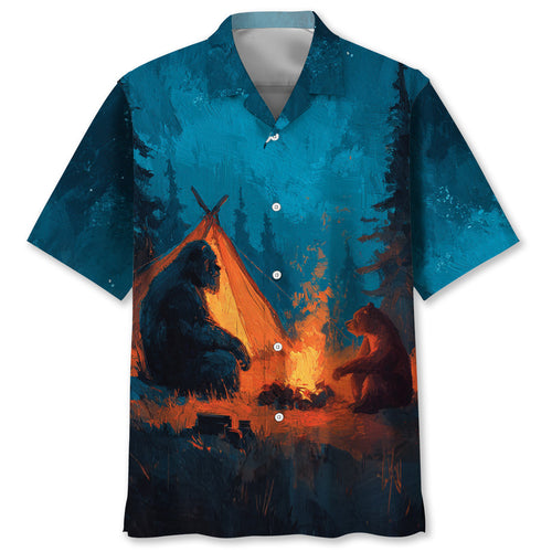 Camping Night with Bigfoot and Bear Hawaiian Shirt - S - hawaiian shirt