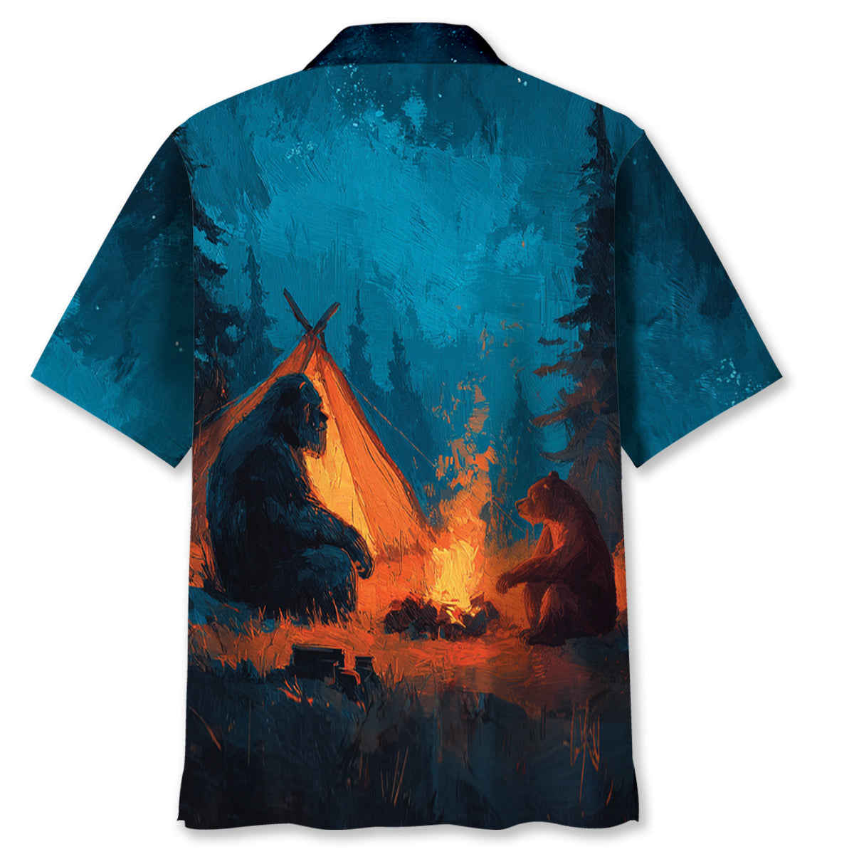 Camping Night with Bigfoot and Bear Hawaiian Shirt - M - hawaiian shirt