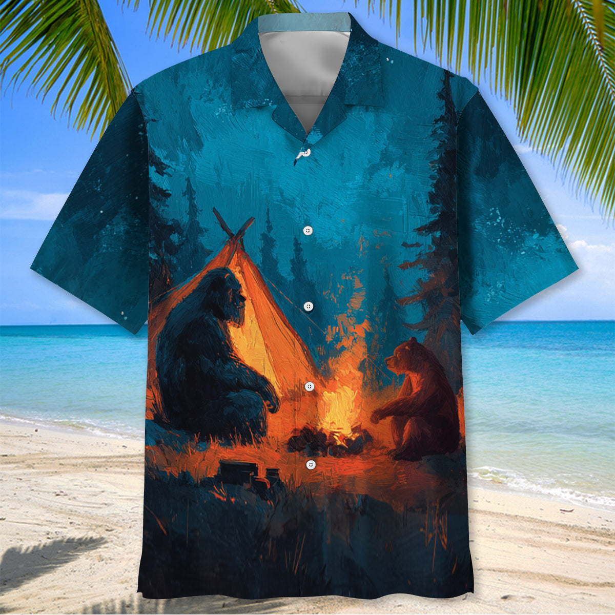 Camping Night with Bigfoot and Bear Hawaiian Shirt - L - hawaiian shirt