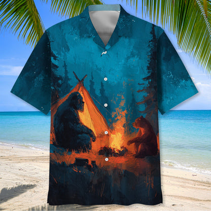 Camping Night with Bigfoot and Bear Hawaiian Shirt - L - hawaiian shirt
