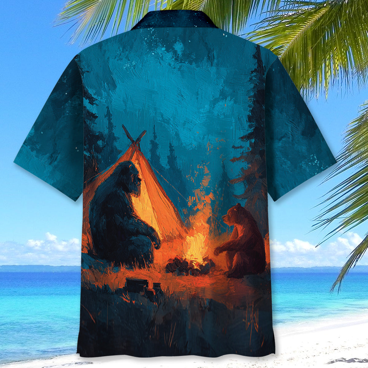 Camping Night with Bigfoot and Bear Hawaiian Shirt - XL - hawaiian shirt