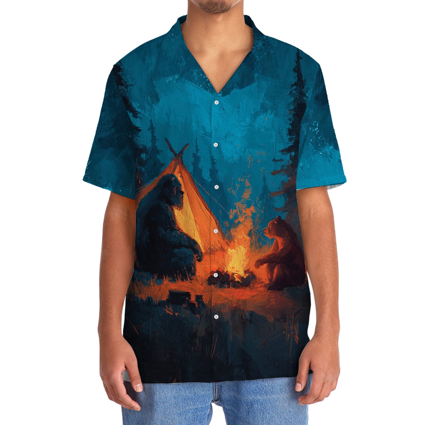 Camping Night with Bigfoot and Bear Hawaiian Shirt - 2XL - hawaiian shirt
