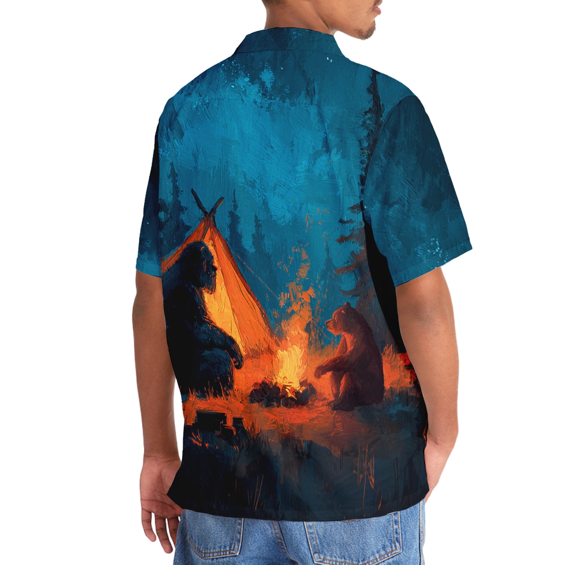 Camping Night with Bigfoot and Bear Hawaiian Shirt - 3XL - hawaiian shirt