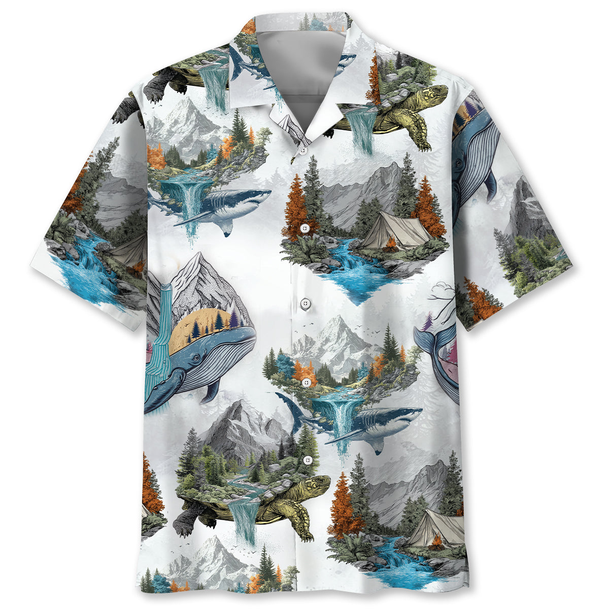 Camping Turtle Shark Whale Hawaiian Shirt - S - hawaiian shirt