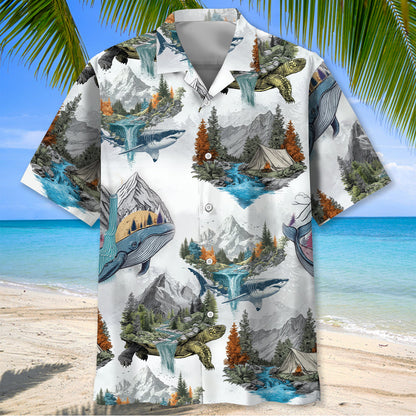 Camping Turtle Shark Whale Hawaiian Shirt - L - hawaiian shirt