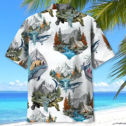Camping Turtle Shark Whale Hawaiian Shirt - XL - hawaiian shirt