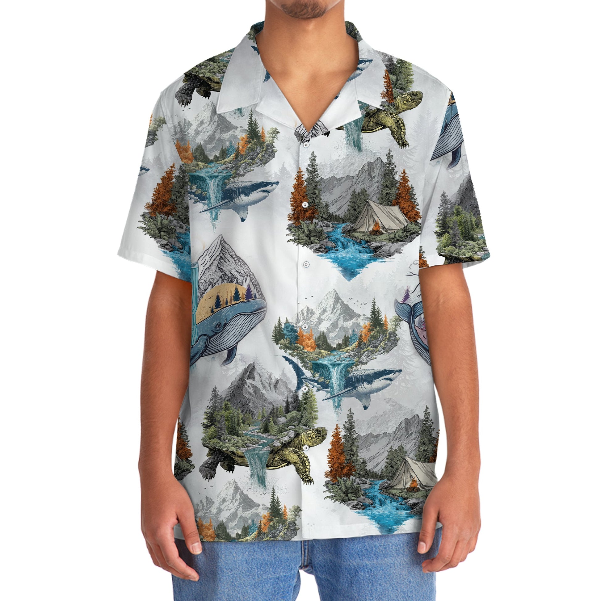 Camping Turtle Shark Whale Hawaiian Shirt - 2XL - hawaiian shirt