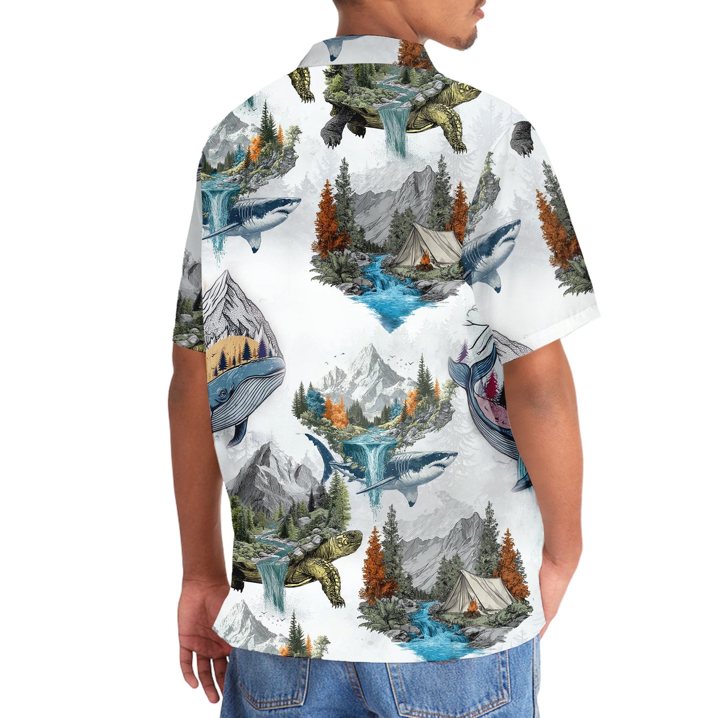 Camping Turtle Shark Whale Hawaiian Shirt - 3XL - hawaiian shirt