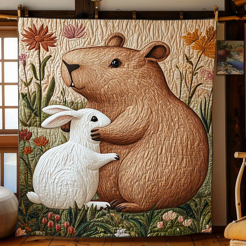 Capybara And Rabbit Quilt Blanket