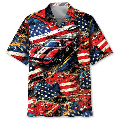Car Racing American Flag Hawaiian Shirt