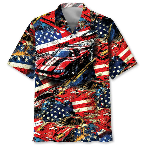 Car Racing American Flag Hawaiian Shirt