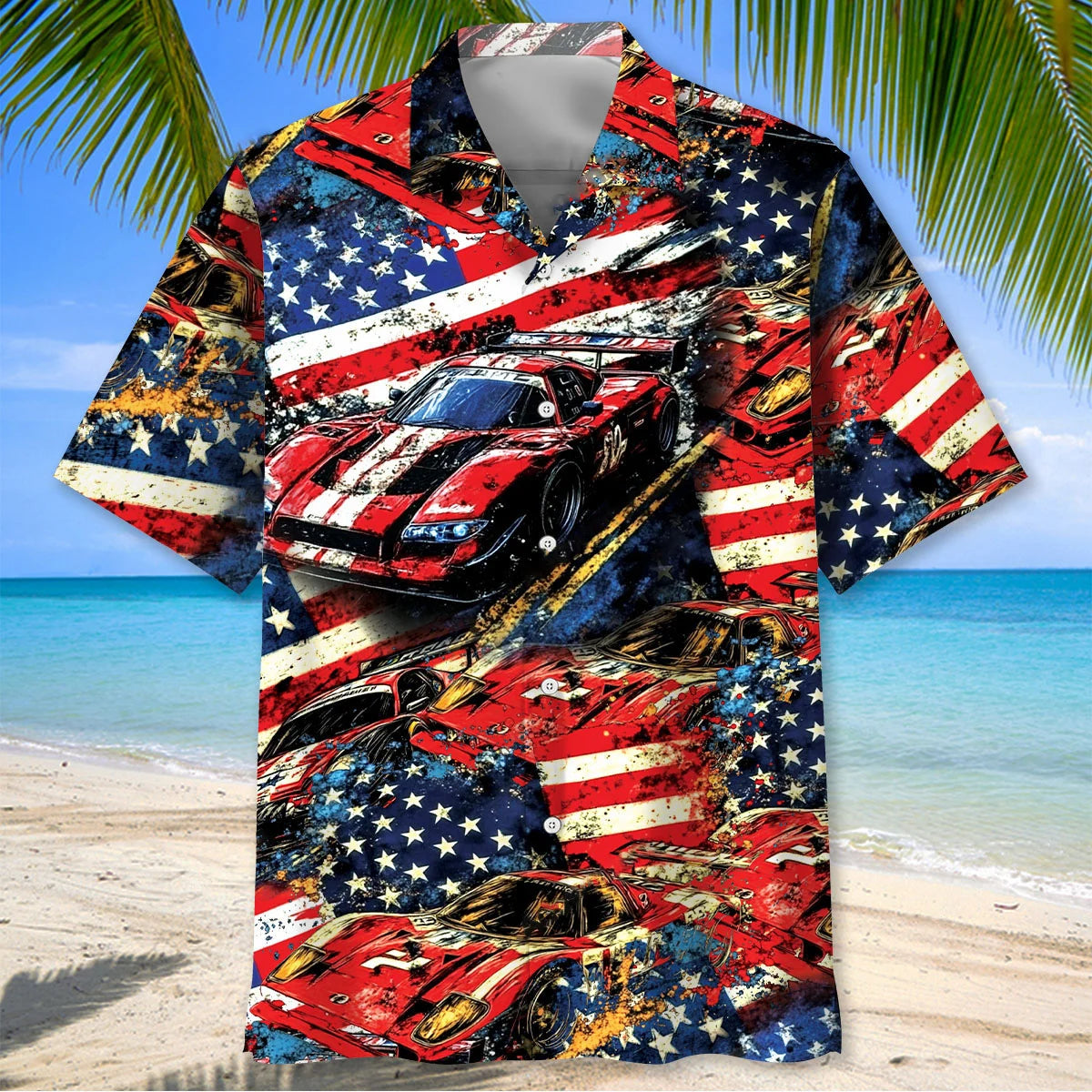 Car Racing American Flag Hawaiian Shirt