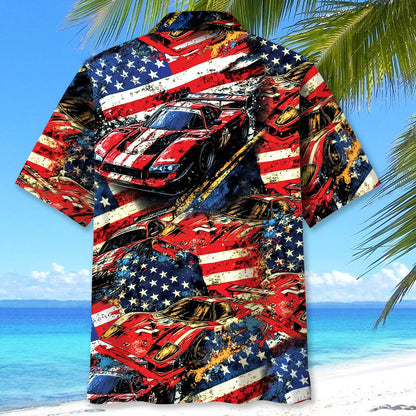 Car Racing American Flag Hawaiian Shirt