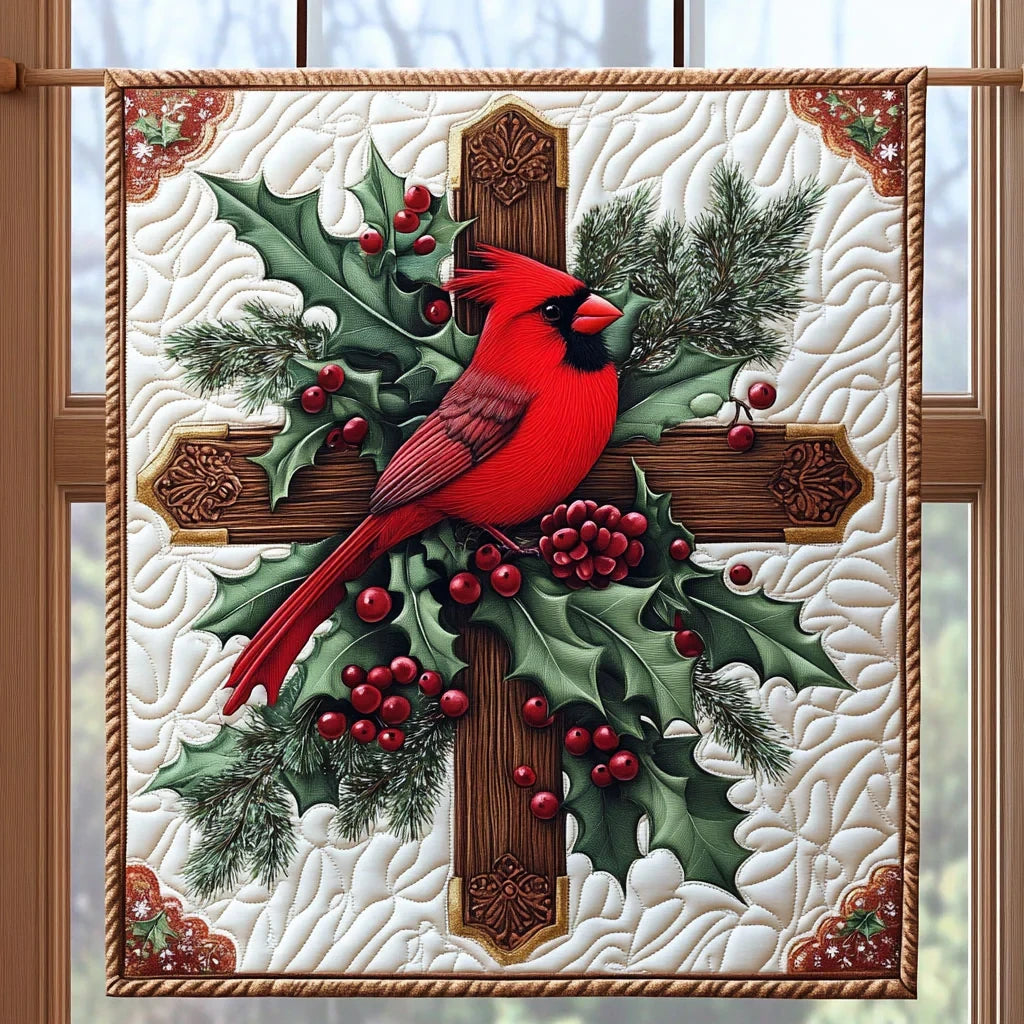 Cardinal On Christmas Cross Quilt Blanket