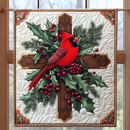 Cardinal On Christmas Cross Quilt Blanket