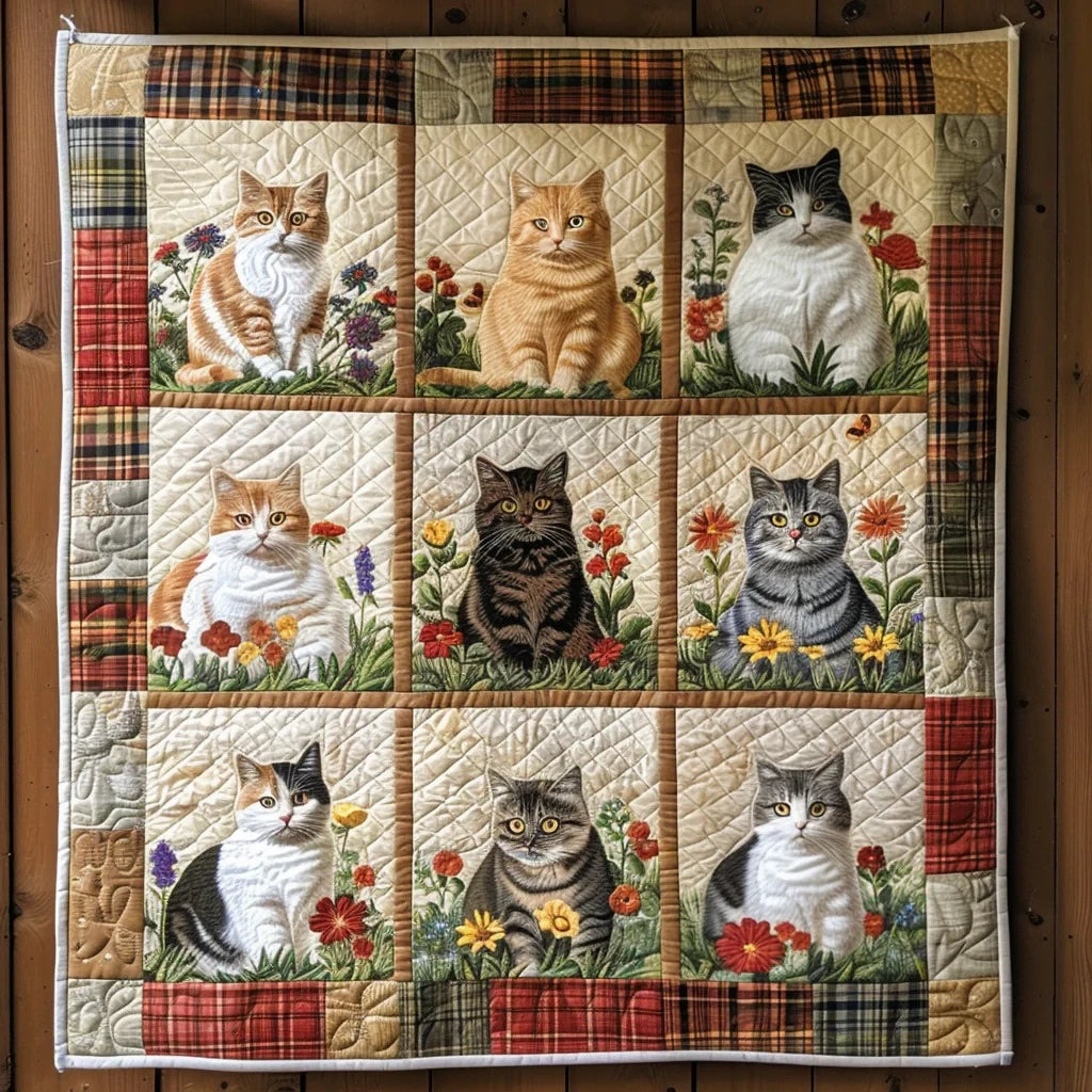 Cat And Flowers Quilt Blanket