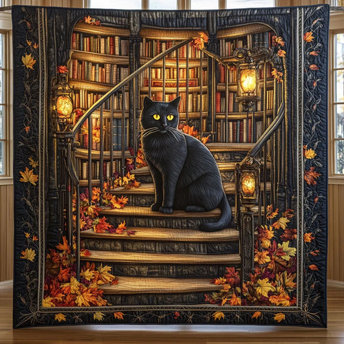 Cat Autumn Library Quilt Blanket