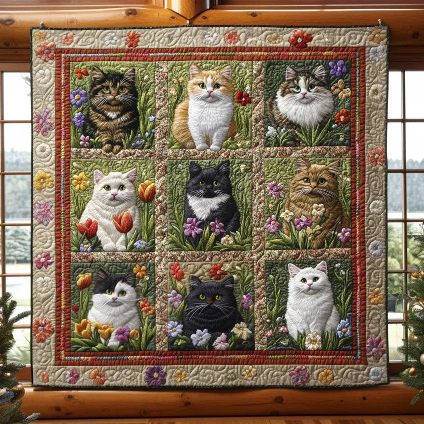 Cat Bloom Garden Quilt Blanket