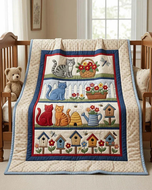 Cat Garden Quilt Blanket - Quilted Blanket by OtterMia