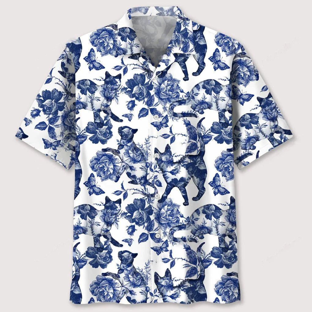 Cats Blue Flower Hawaiian Shirt